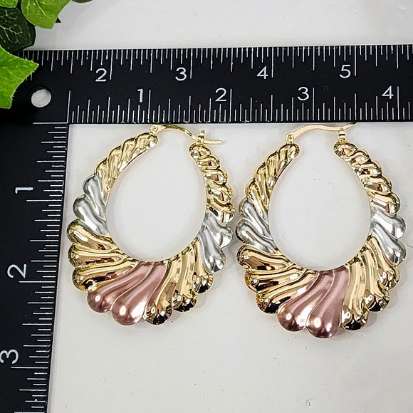 Gold Filled Tri Color Plated Scalloped Hollow Hoop Earrings - Picture 6 of 6